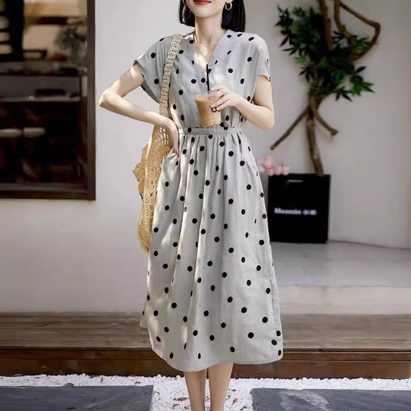 V領圓點口袋洋裝 灰色