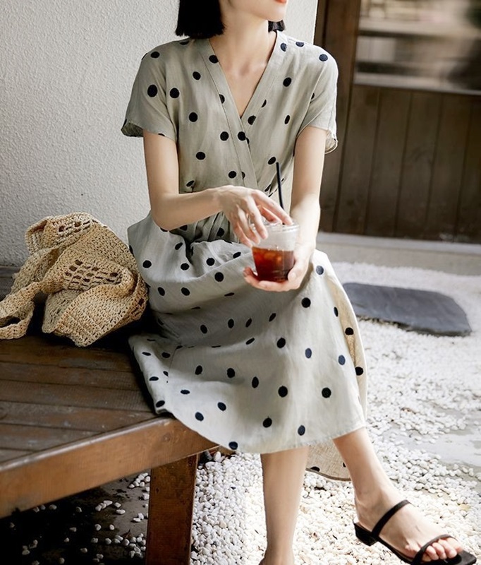 V領圓點口袋洋裝 灰色