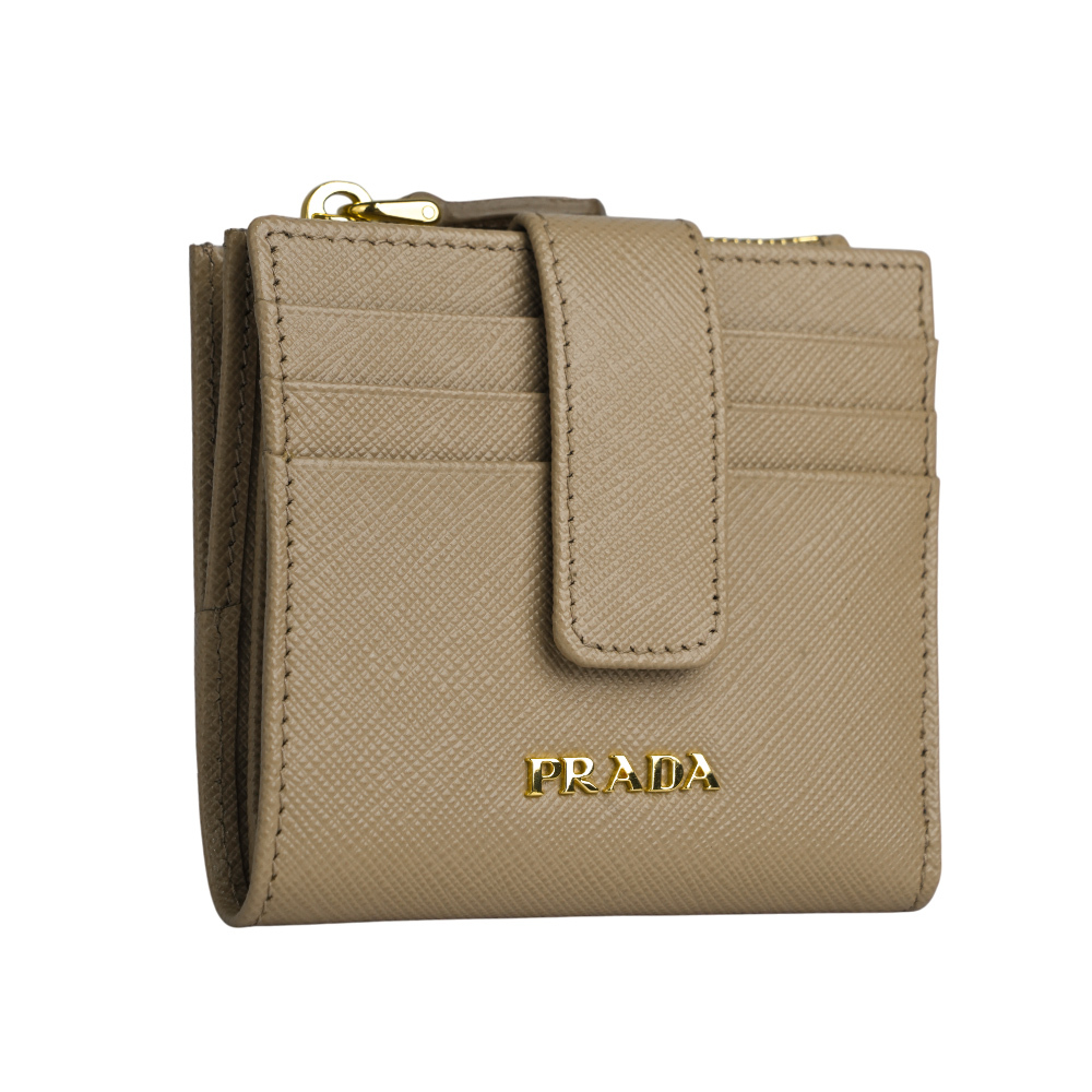 【PRADA】金字浮雕Logo 防刮牛皮卡片短夾(藕粉色)1ML047 QWA F0236