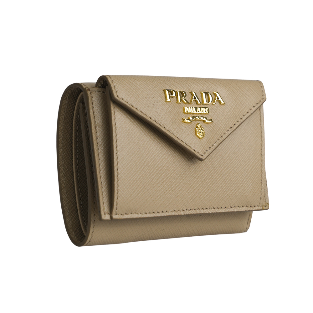 【PRADA】浮雕Logo防刮皮革信封造型迷你三折短夾(藕粉色)1MH021 QWA F0236