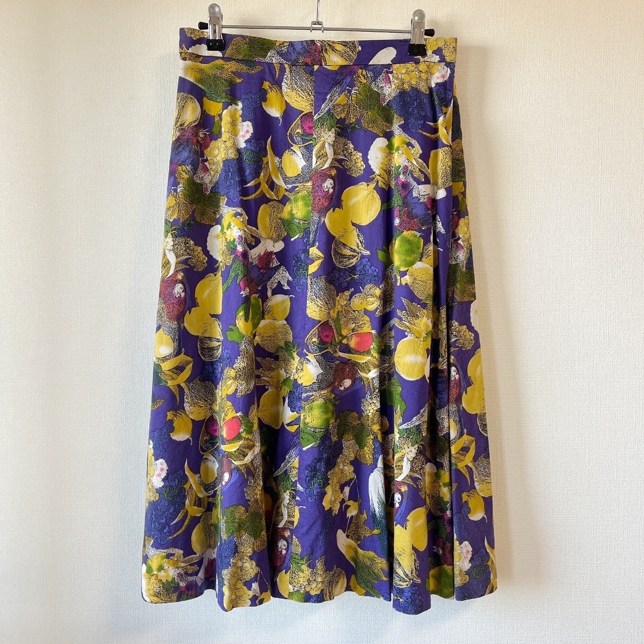 紫色鸚鵡與果實圖案古著半身裙