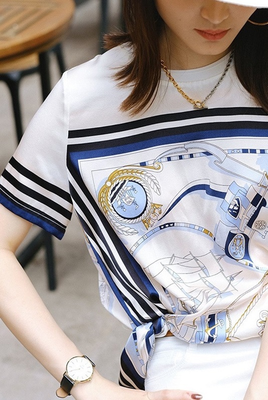 綁帶海洋圖騰拼接上衣 白色