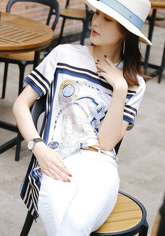 綁帶海洋圖騰拼接上衣 白色