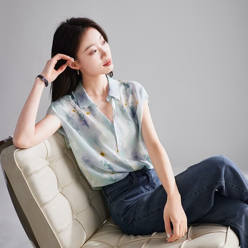 花卉印花雪紡襯衫 藍色