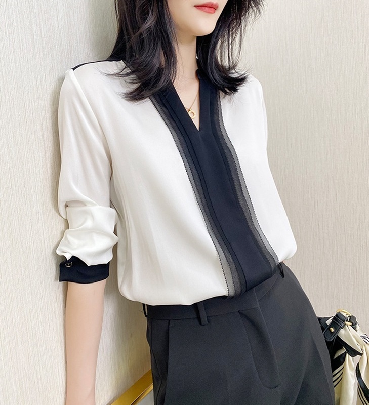 V領拼色雪紡上衣 白色