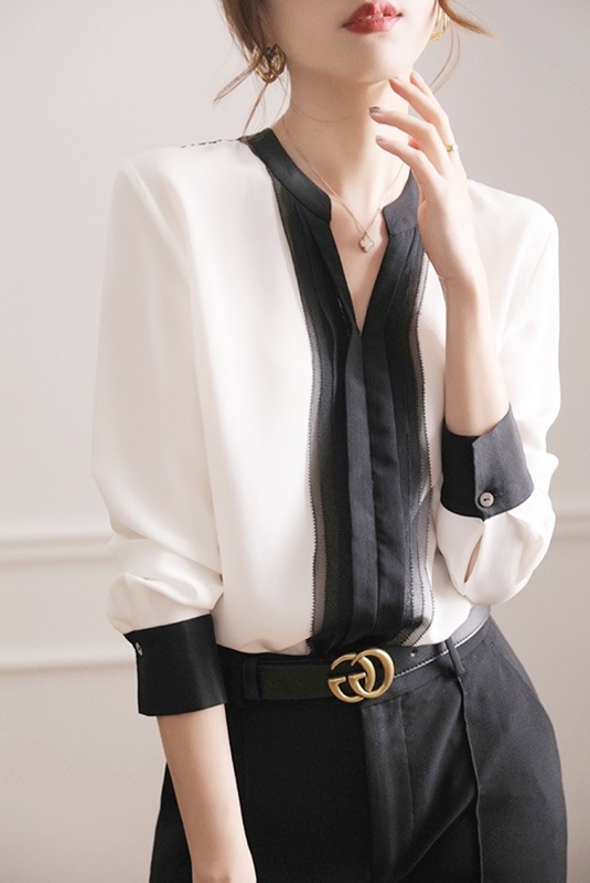 V領拼色雪紡上衣 白色