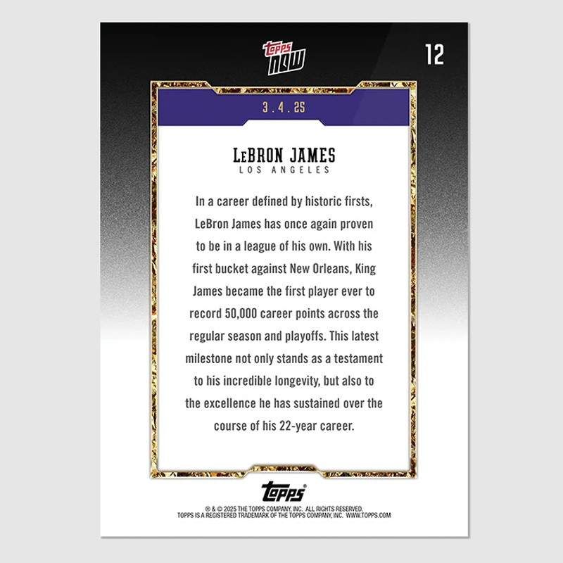 <現貨>Topps Now LeBron James 50000 詹皇五萬分 湖人 小皇帝 紀念卡【TOPPSLJ50K】 LBJ