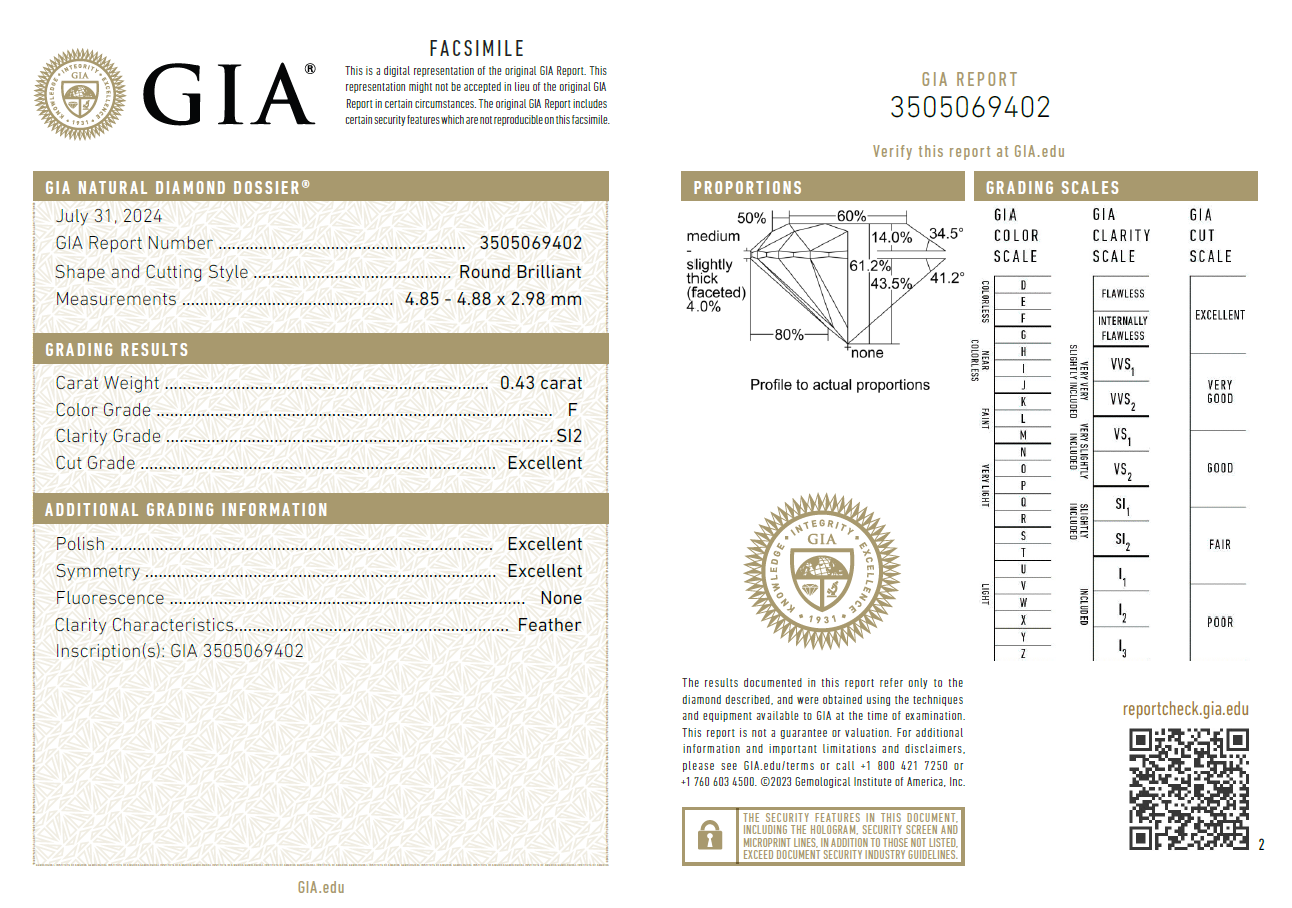 GIA鑽石 0.43 F SI2 3EX NON
