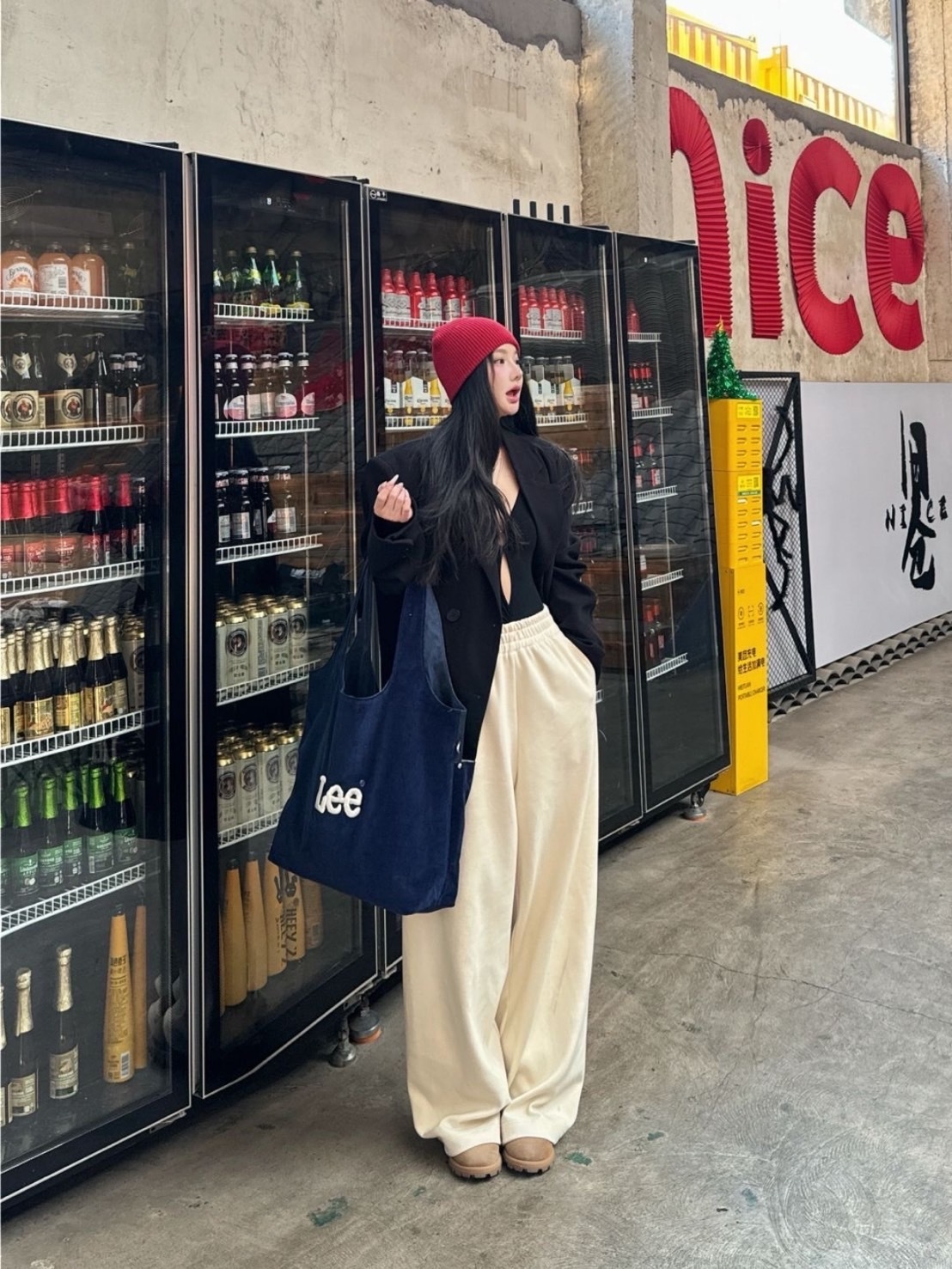 LEE 刺繡燈芯絨 托特包 復古藍 復古酒紅