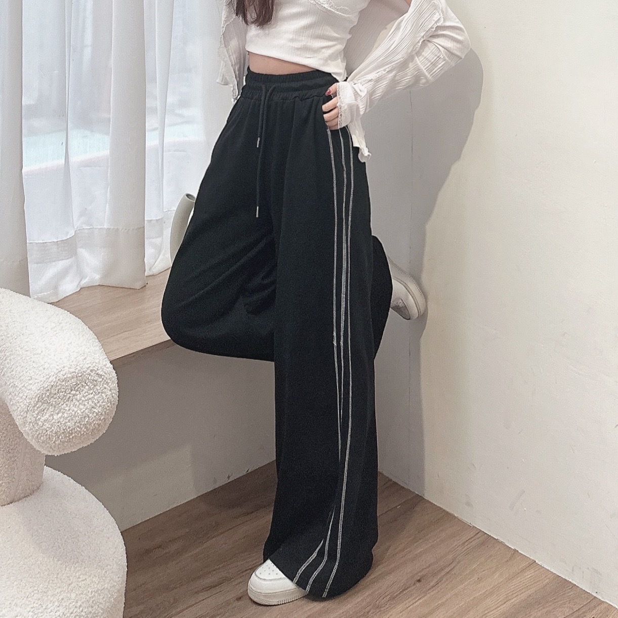 車線棉質繩落地寬褲
