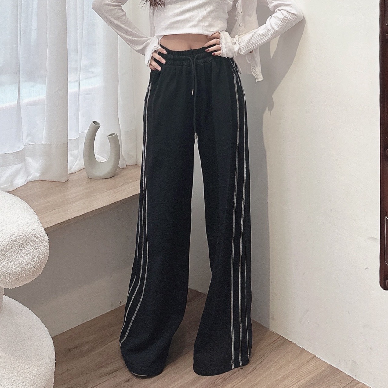 車線棉質繩落地寬褲