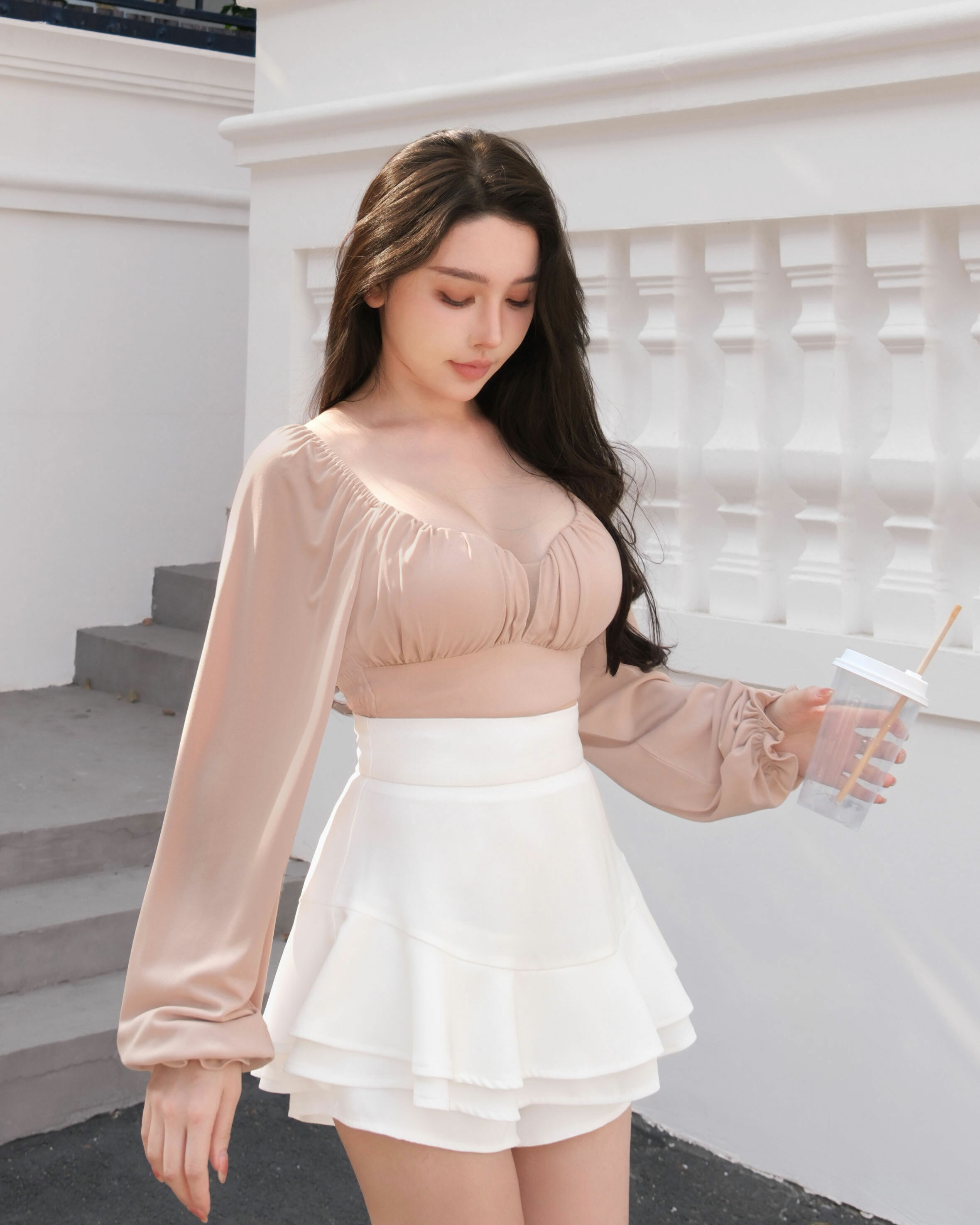 訂製-性感網紗泡泡袖短上衣