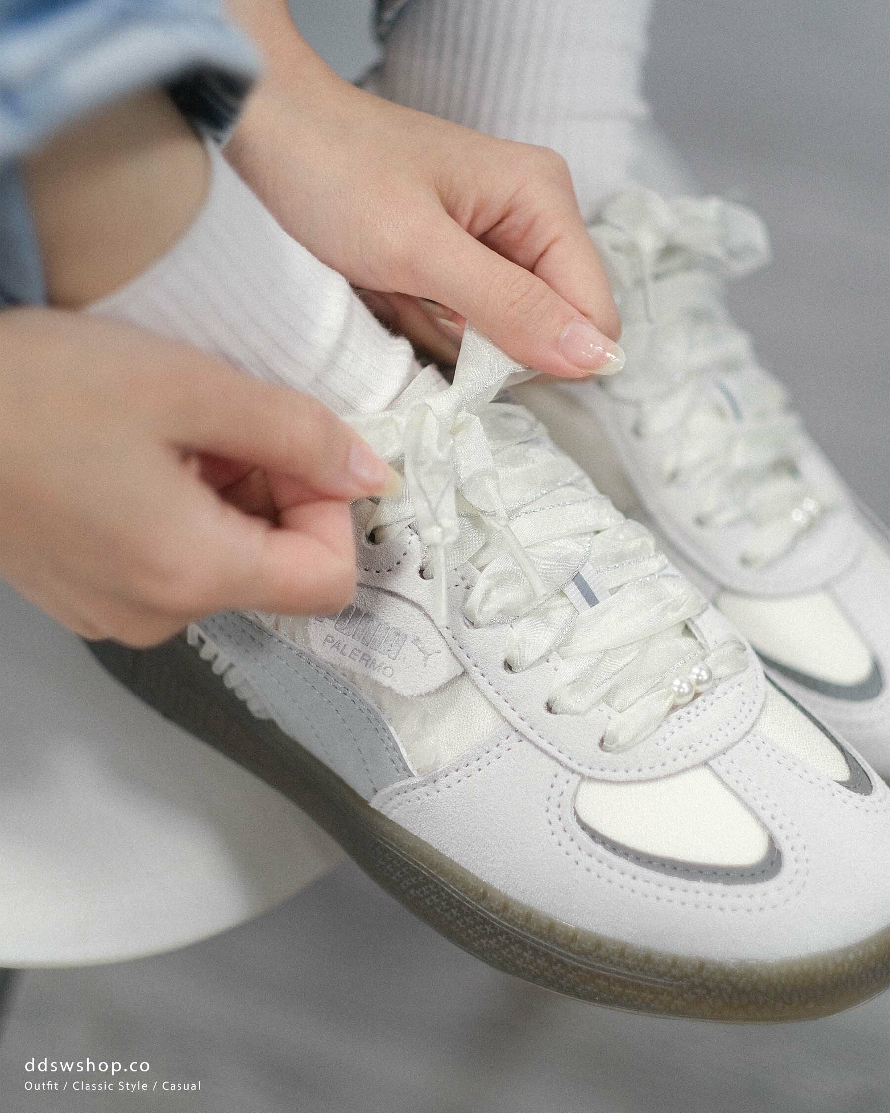 "代購" PUMA PALERMO 珍珠白灰 蕾絲鞋帶 女鞋 401286-01