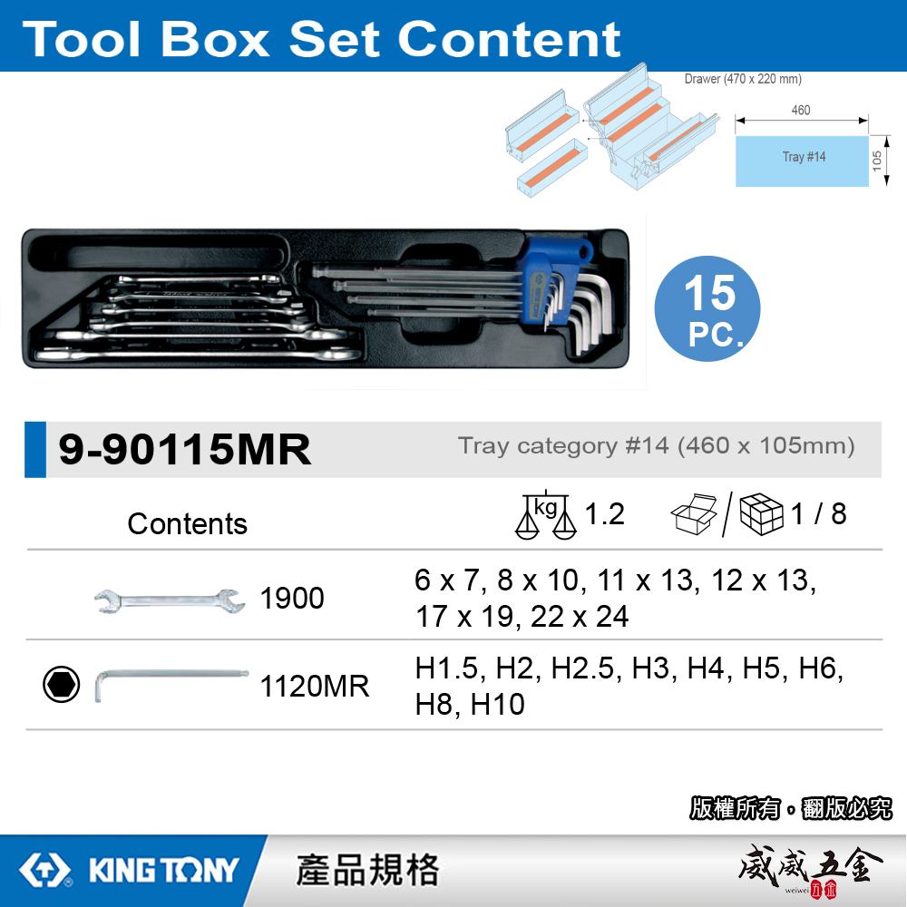 KING TONY 金統立｜9-90115MR｜15件式 扳手工具箱組套 六角板手組 雙頭開口板手組｜台灣製