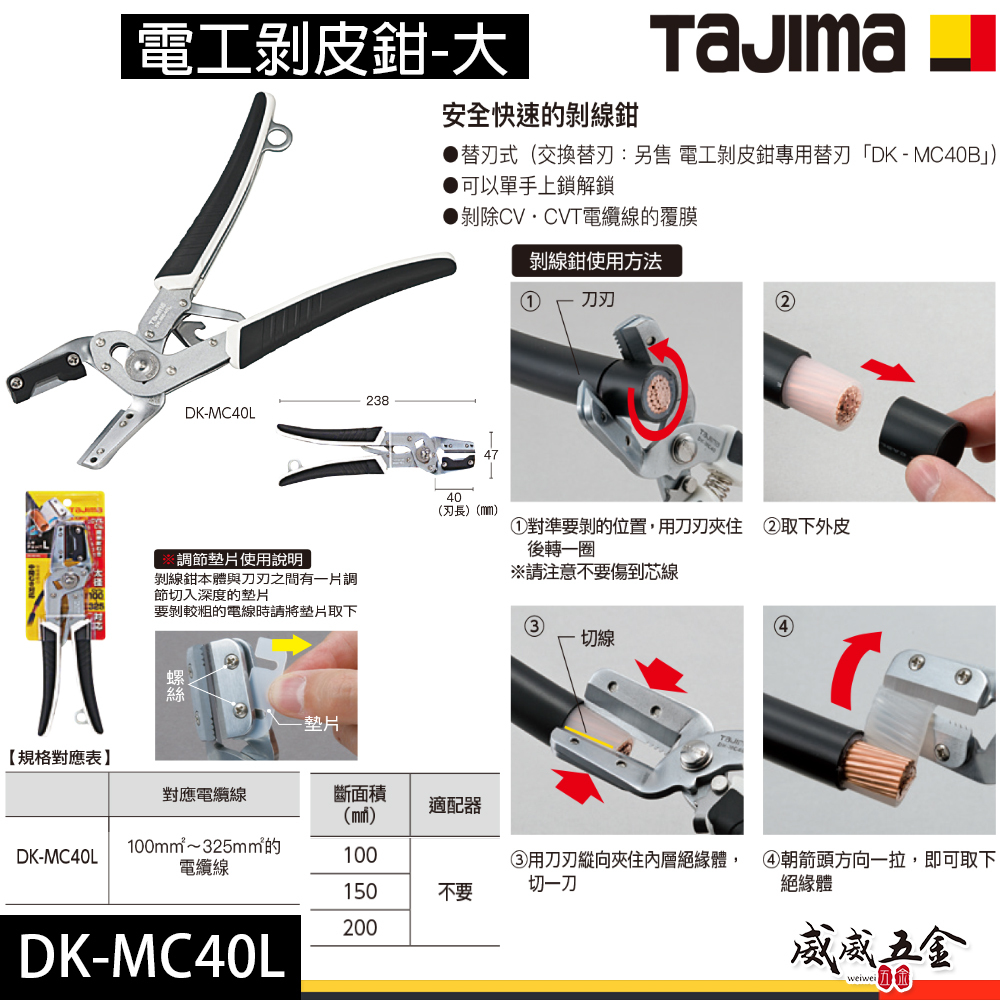 日本 TAJIMA 田島｜膠柄小型電纜剪刀 電工剝皮鉗-大｜替刃式 電線剪刀 細電纜線剪刀｜DK-MC40L