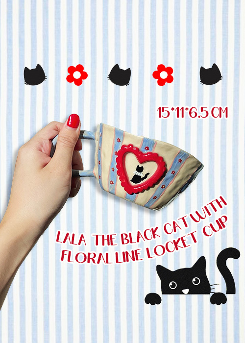 Kiparapa House - Lala 黑貓花花直紋手工陶瓷杯【售罄】