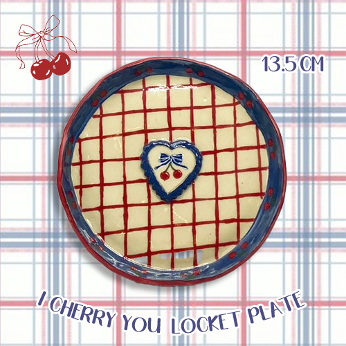 Kiparapa House -【現貨】I Cherry You 藍配紅格紋手工陶瓷碟
