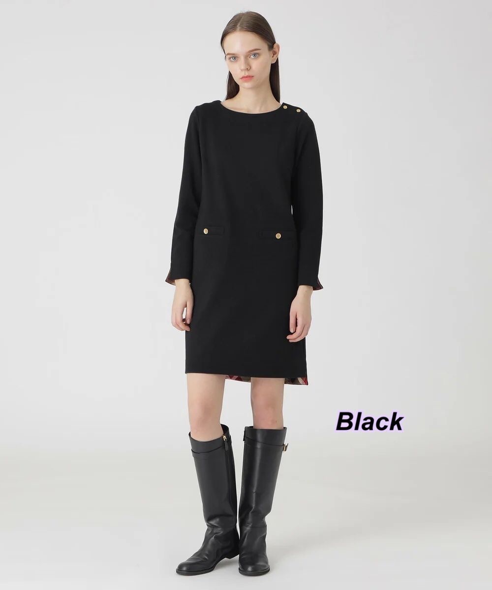 Blue Label 黑色圓領長袖有金鈕雙袋連身裙 Size 38