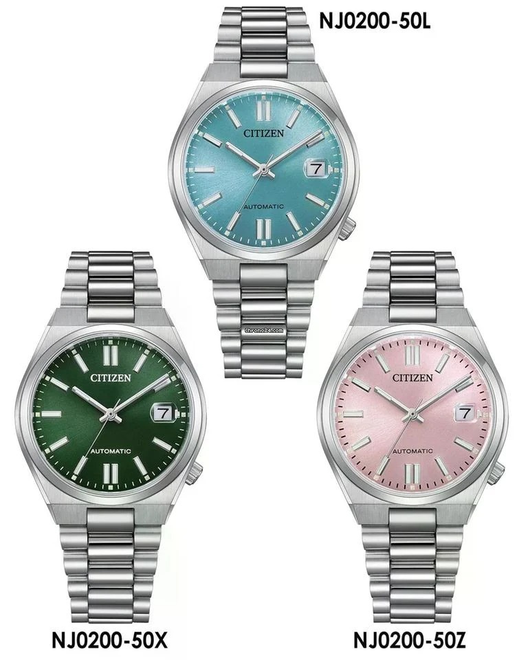 CITIZEN 星辰 TSUYOSA 37 mm Automatico NJ0200-50L 藍色錶盤 , NJ0200-50Z 粉紅色錶盤 , NJ0200-50X 綠色錶盤 NJ0200-50W 紫色錶盤 NJ0200-50M 深藍色錶盤  5 bar 防水 自動機械不銹鋼 男女腕錶