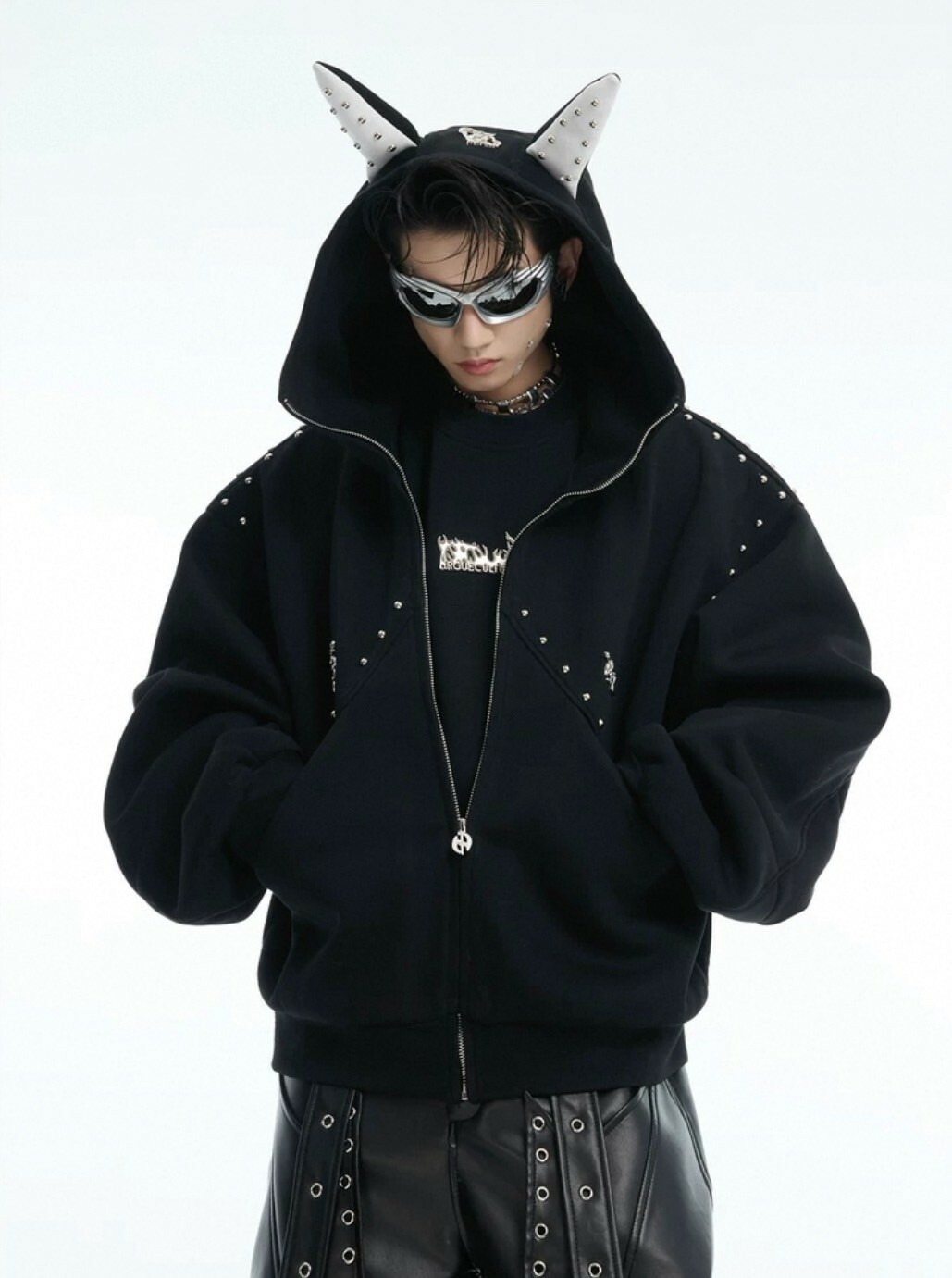 ARGUE 铆丁 拼接 杜賓犬 連帽 棉質 #外套