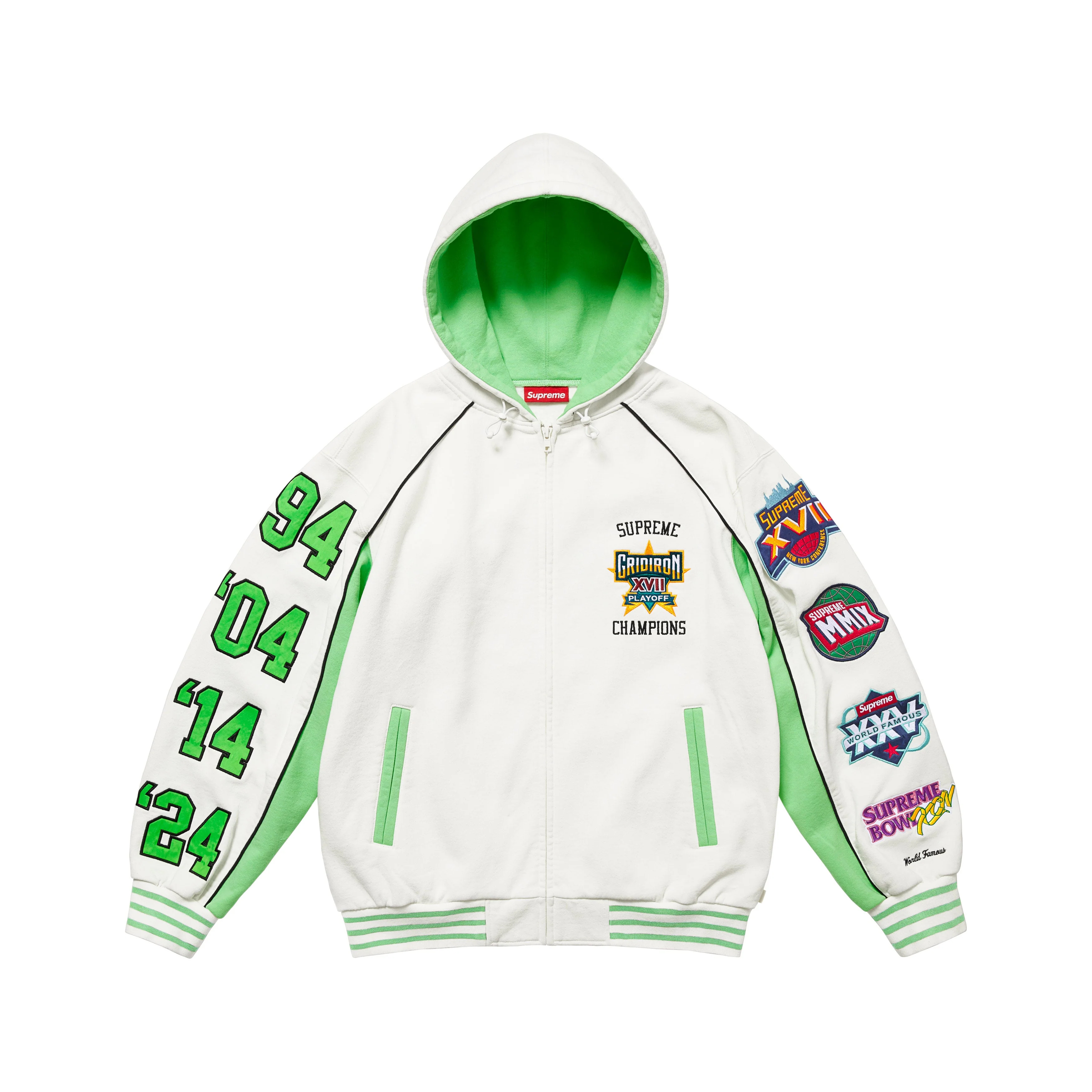 -(B5d05)-SUPREME PALYOFFS GRID IRON ZIP UP HOODED SWEATSHIRT SS25 大LOGO 季後賽 拉絨羊毛 拉鍊連帽外套 黑灰/白綠-SS25SW28