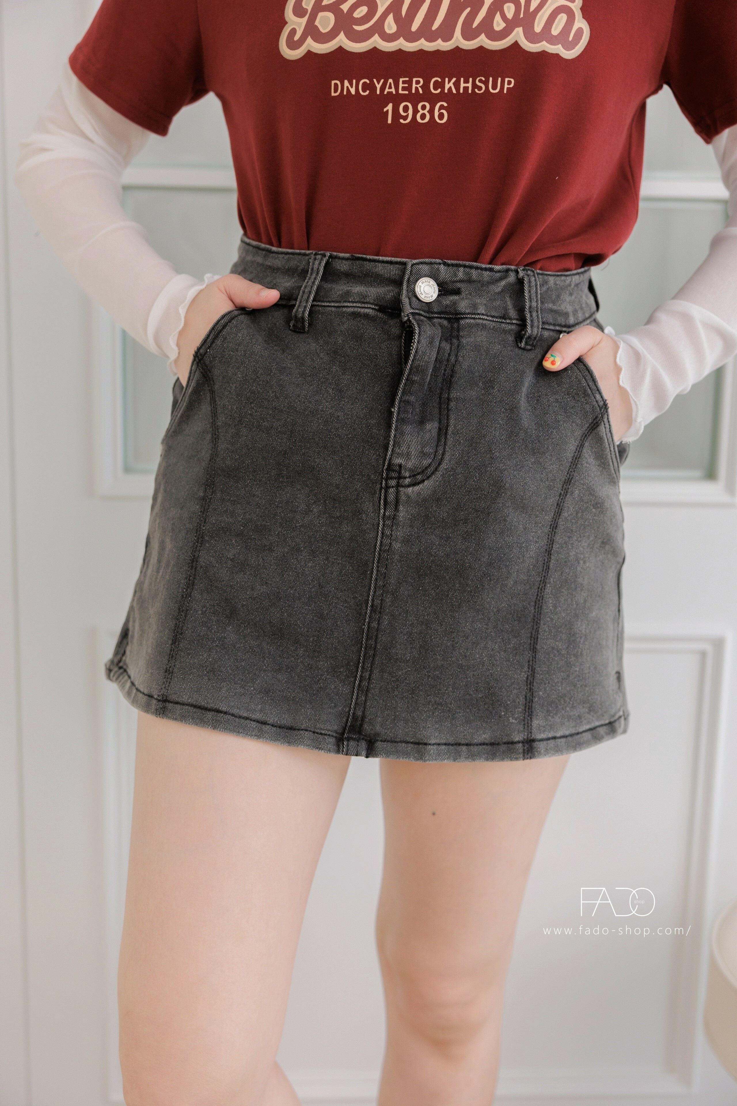 法朵Fado shop｜ 車線V腰牛仔短裙 4503001 灰/ 淺藍 S~XL