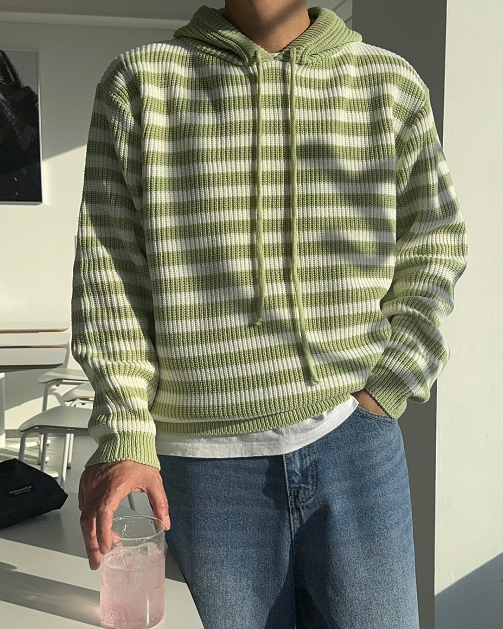 連帽條紋針織衫
