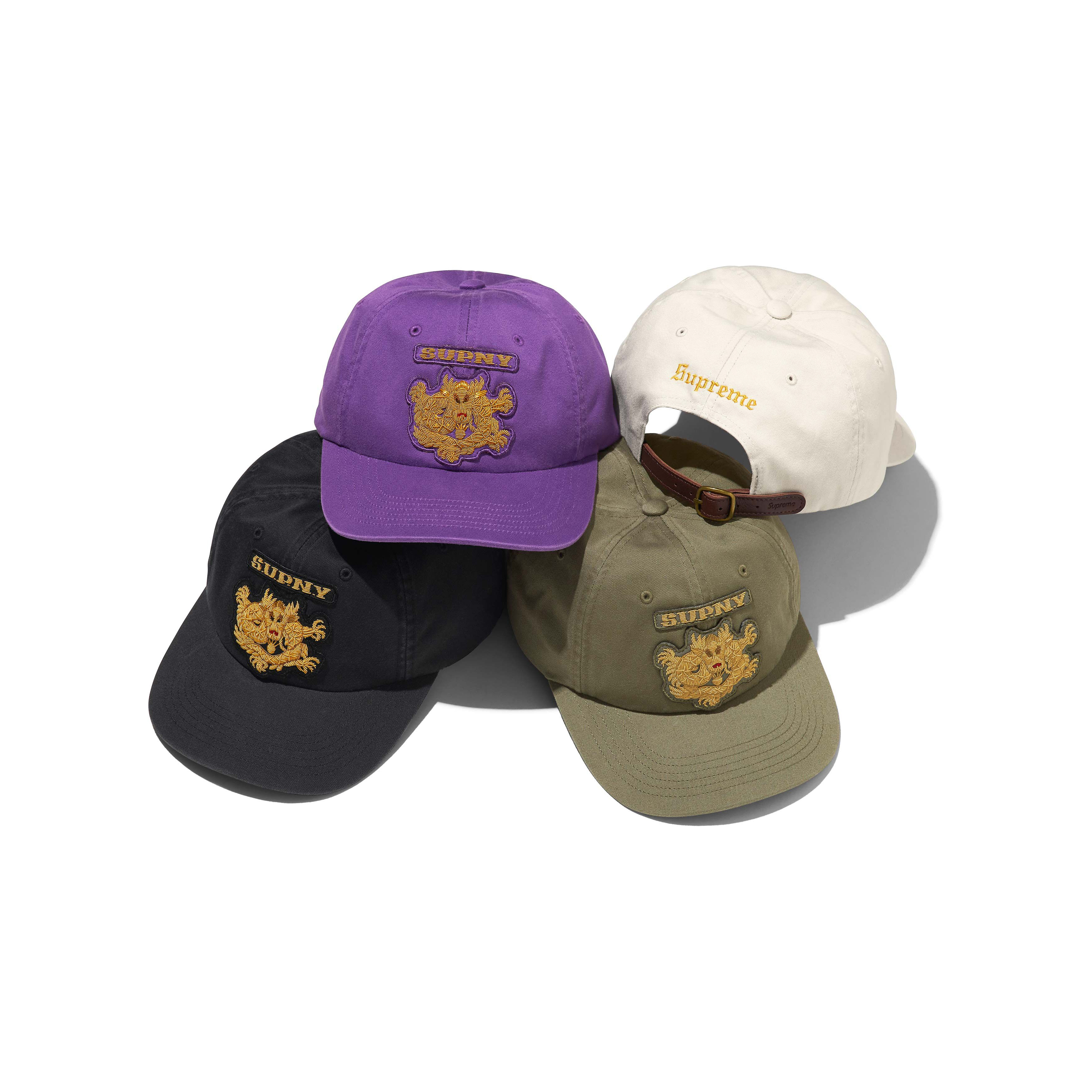 -(B06)-SUPREME BULLION DRAGON 6-PANEL SUPNY SS25 印度絲 刺繡 金龍 文字 皮革調節帶 六分割帽 黑/紫/橄欖綠/米白色-SS25H4