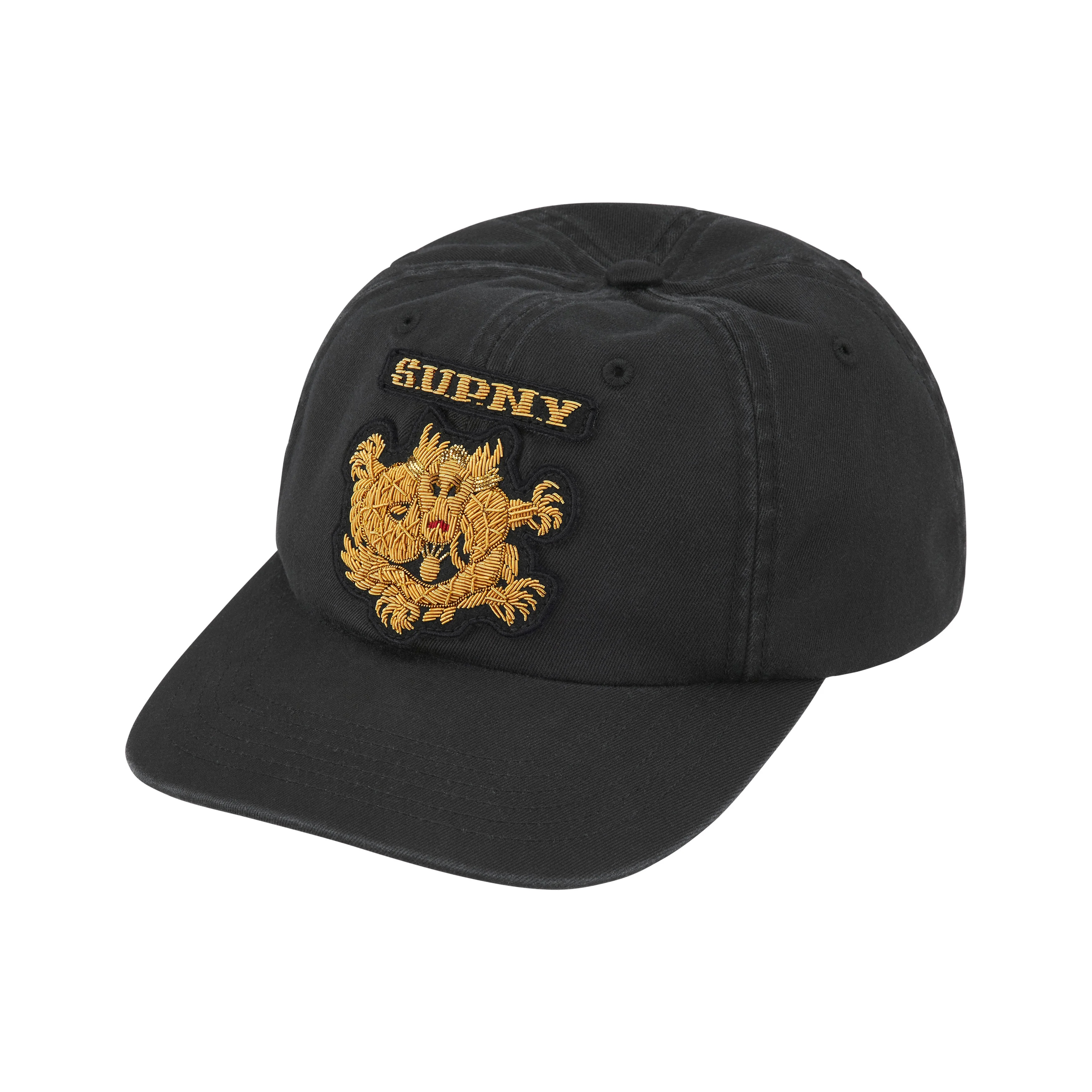 -(B06)-SUPREME BULLION DRAGON 6-PANEL SUPNY SS25 印度絲 刺繡 金龍 文字 皮革調節帶 六分割帽 黑/紫/橄欖綠/米白色-SS25H4