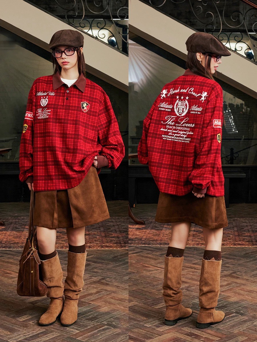 Harsh and Cruel 韓系學院風 復古格紋 長袖 POLO衫 HA251070080