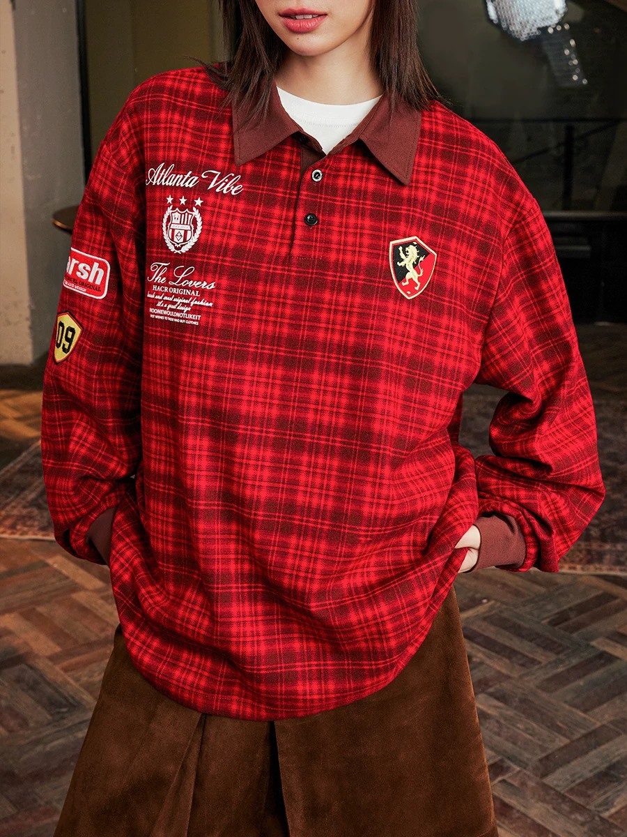 Harsh and Cruel 韓系學院風 復古格紋 長袖 POLO衫 HA251070080