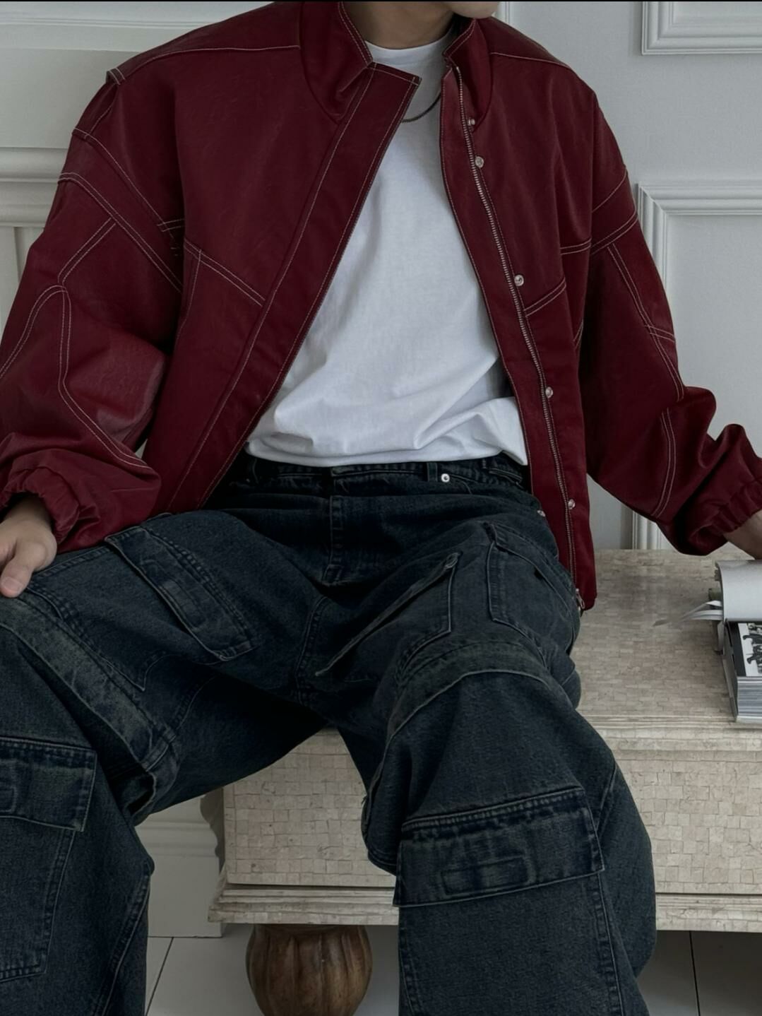 淨色企領拉鍊合成皮褸 OUR ROOM-032JK