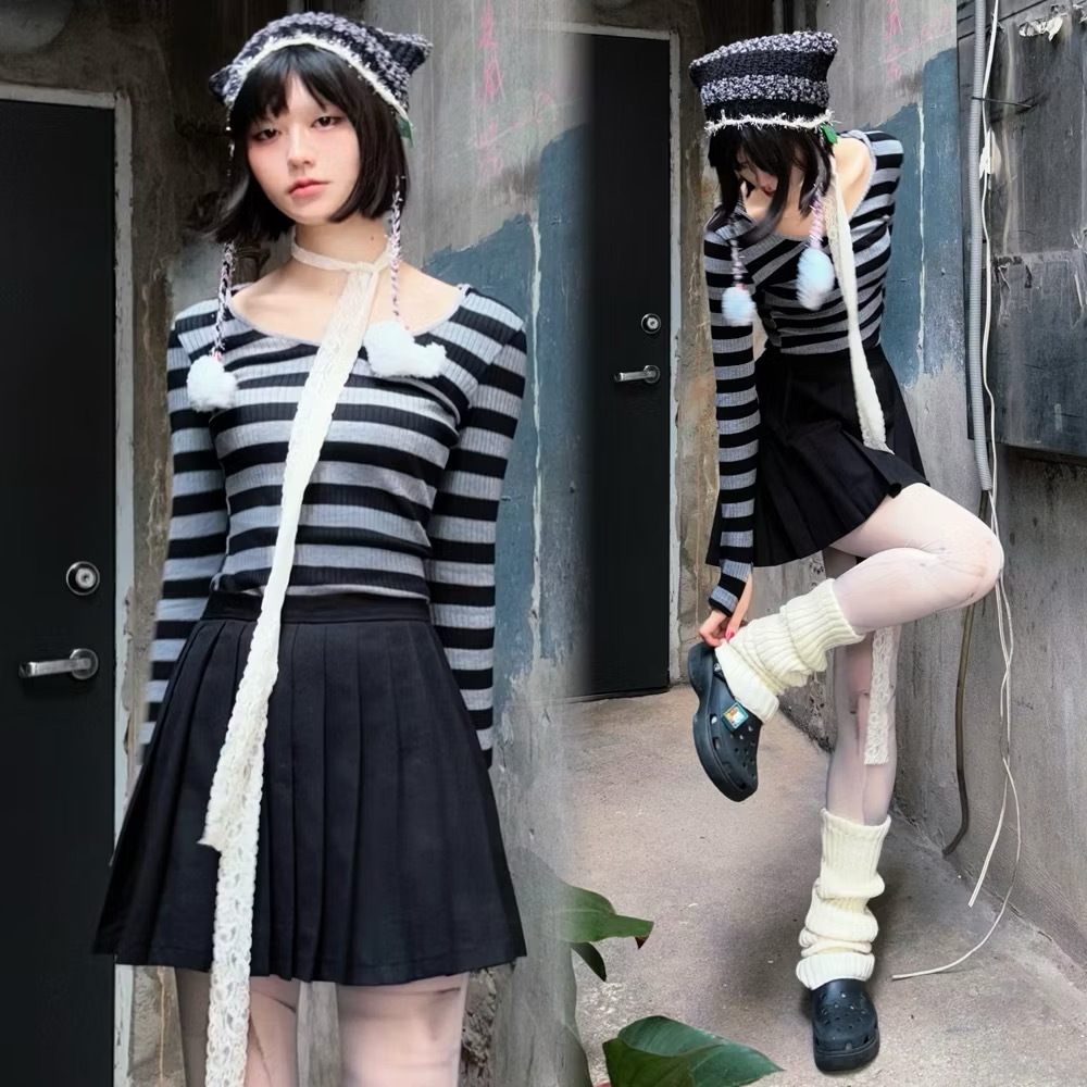 條紋V領連帽上衣