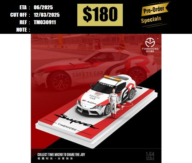 PO-$180 * TIME MICRO * 1:64 TOYOTA SUPRA A90 SAFETY CAR WHITE W/RED STRIPS W/FIGURE [OD09/03]