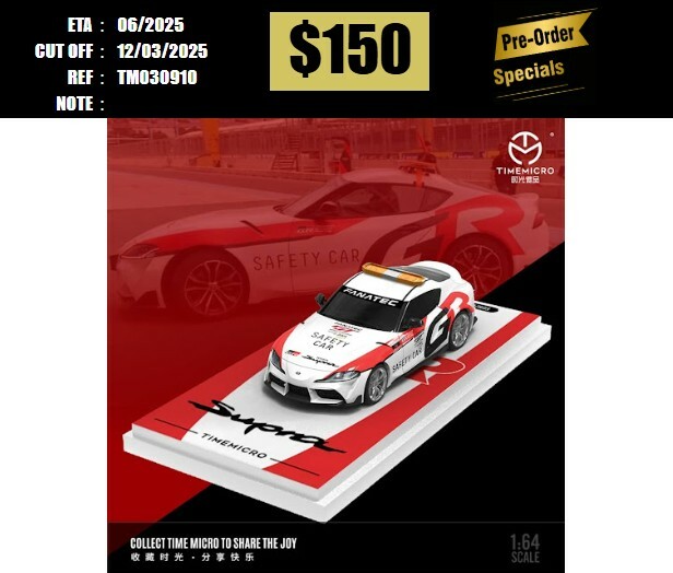 PO-$150 * TIME MICRO * 1:64 TOYOTA SUPRA A90 SAFETY CAR WHITE W/RED STRIPS [OD09/03]