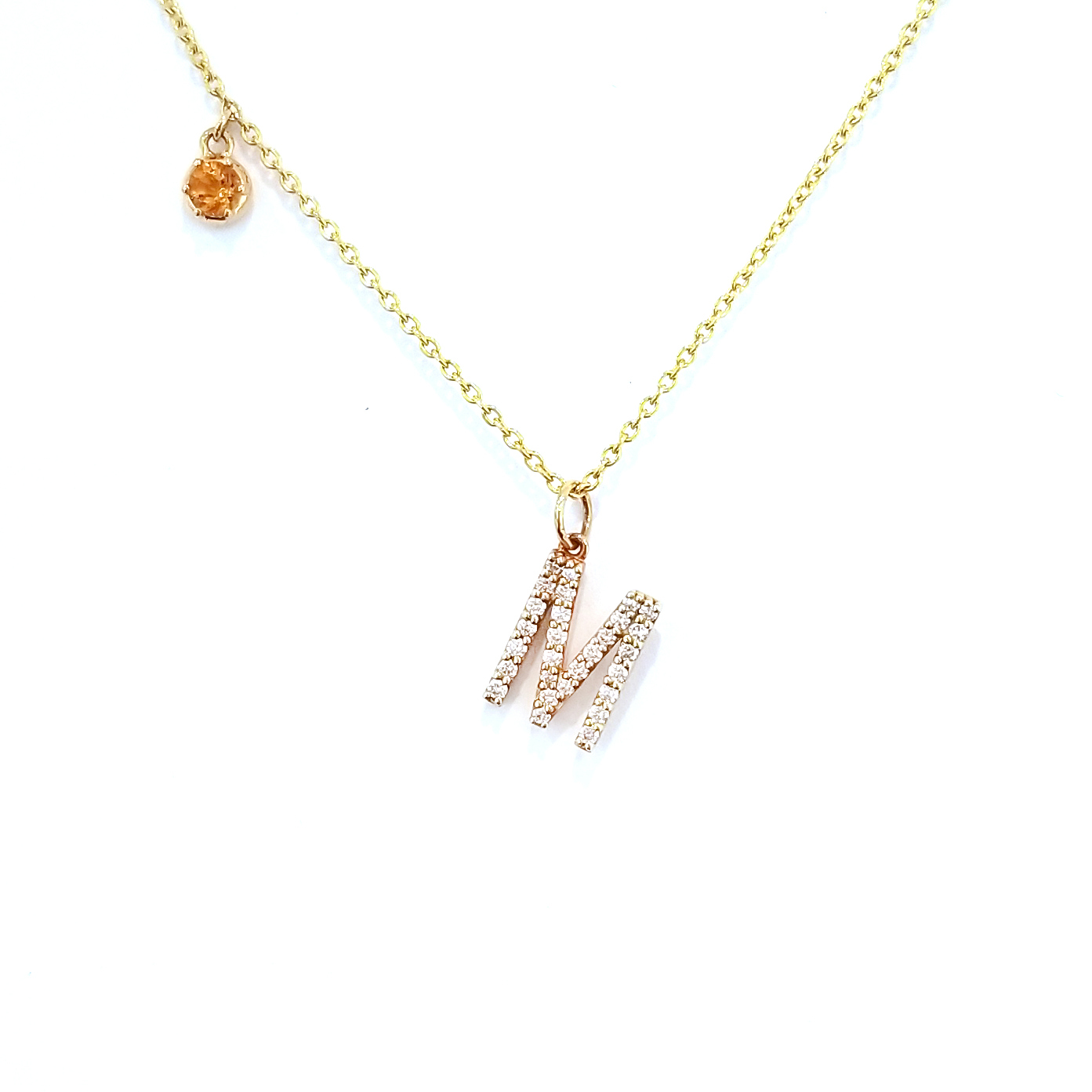 18K白金原色天然鑽石字母吊墜-M 連18K黃金黃水晶頸鏈