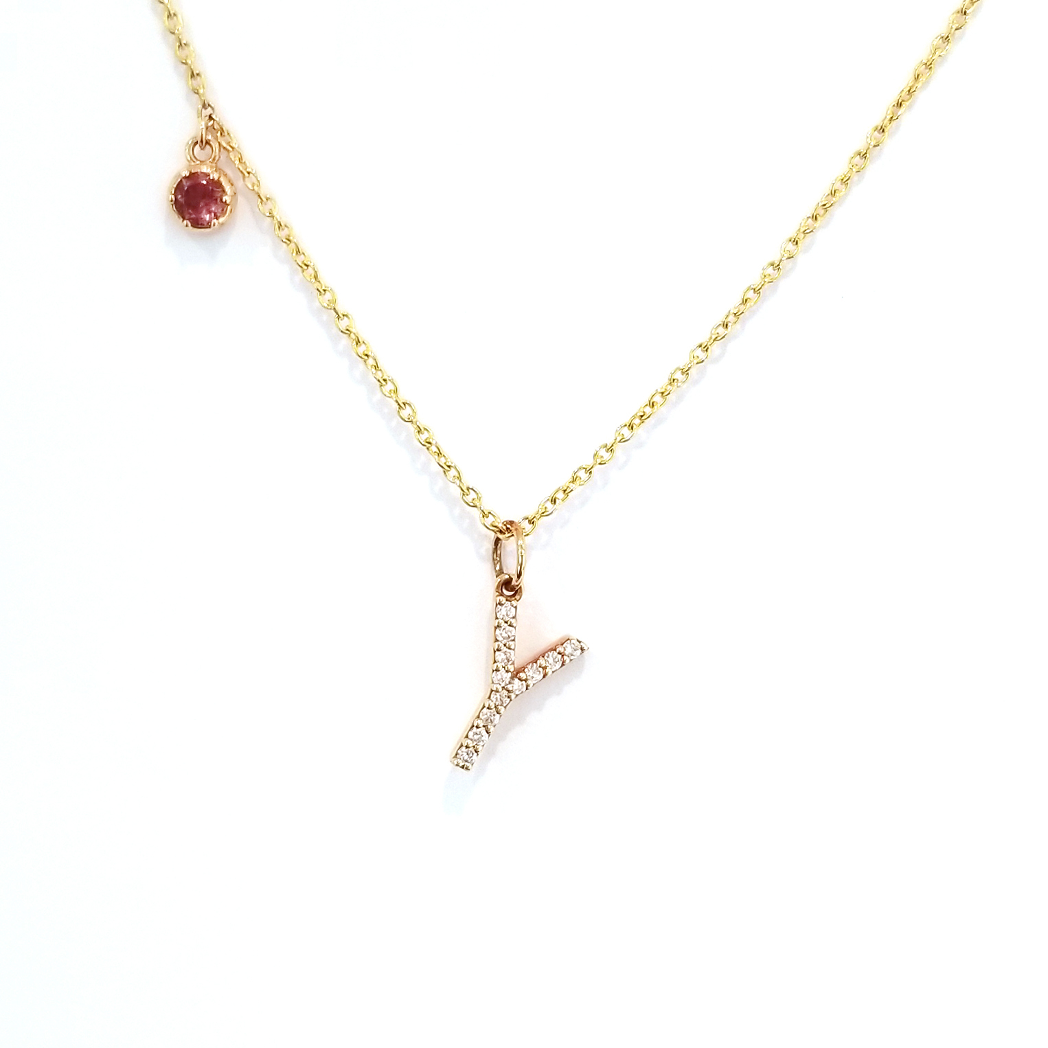 18K白金原色天然鑽石字母吊墜-Y 連18K黃金碧壐頸鏈