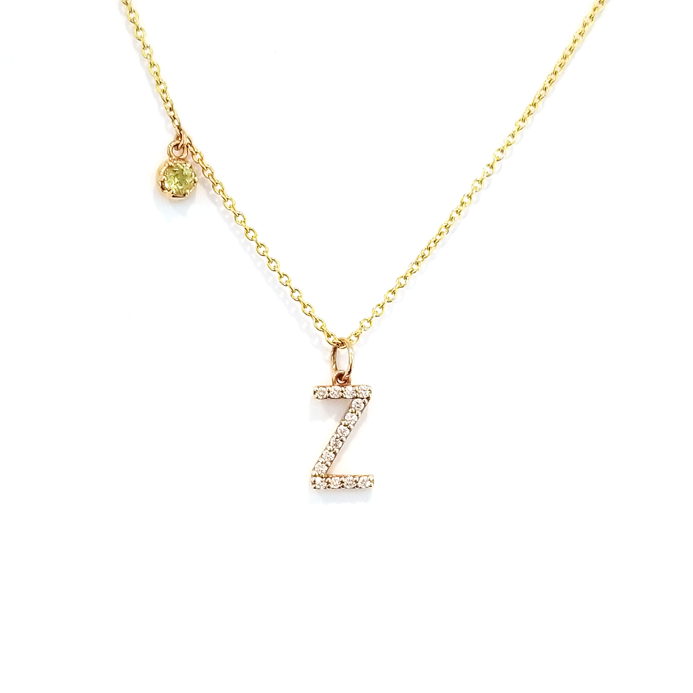 18K白金原色天然鑽石字母吊墜-Z 連18K黃金橄欖石頸鏈