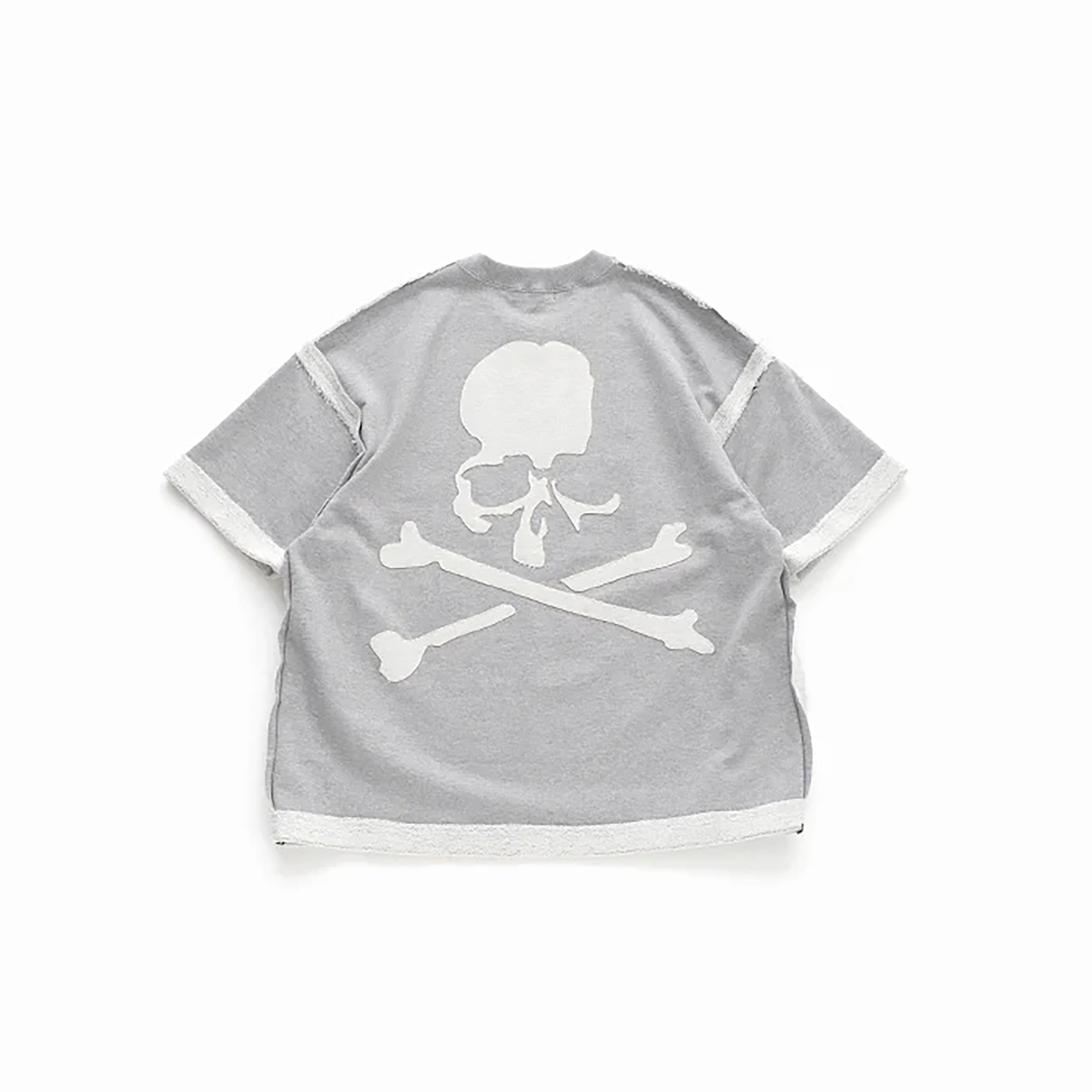 MASTERMIND WORLD CUT-OFF S/S SWEATSHIRT BOXY FIT MMW 反車縫 綁繩 紗線棉 大骷髏 短衛衣 短T 寬鬆版 灰色-MW25S14-SW007