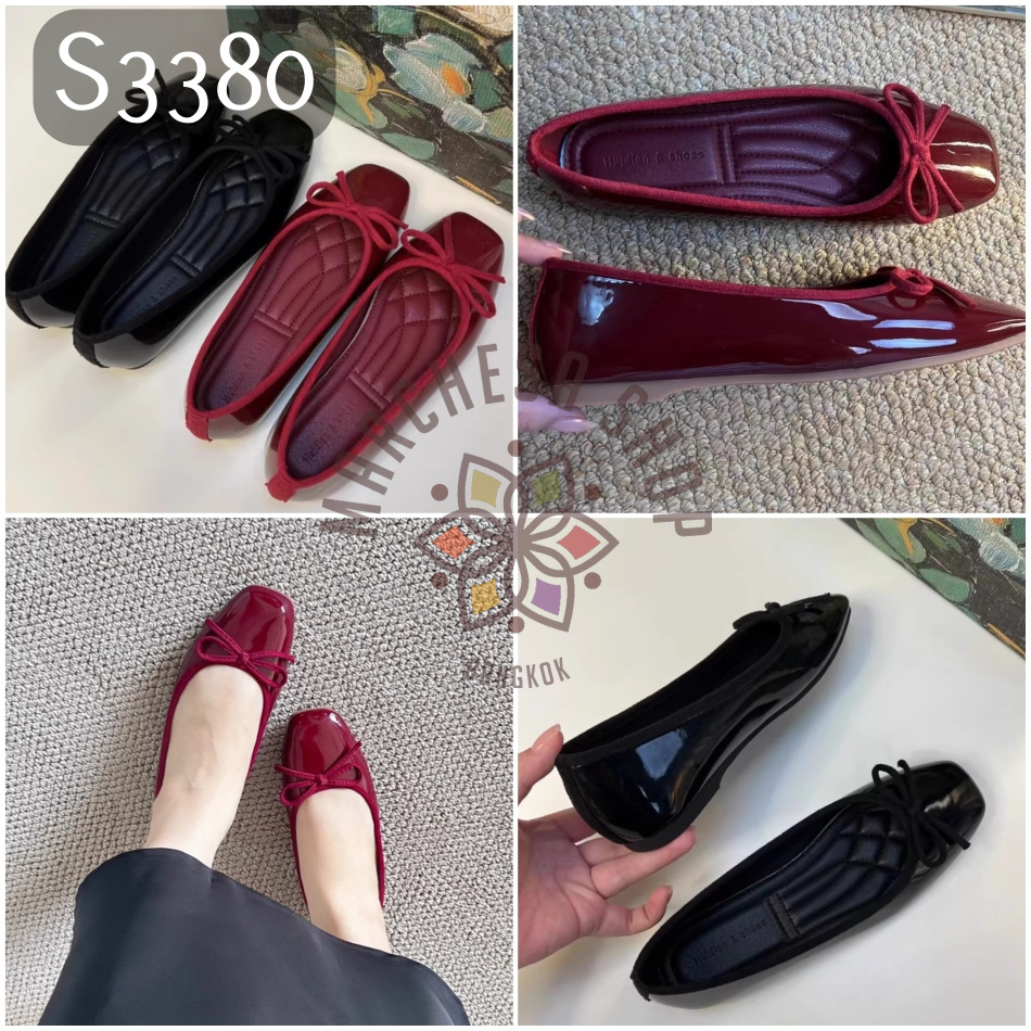 S3380 - 牛漆皮純色蝴蝶結芭蕾舞鞋 (2種高度)