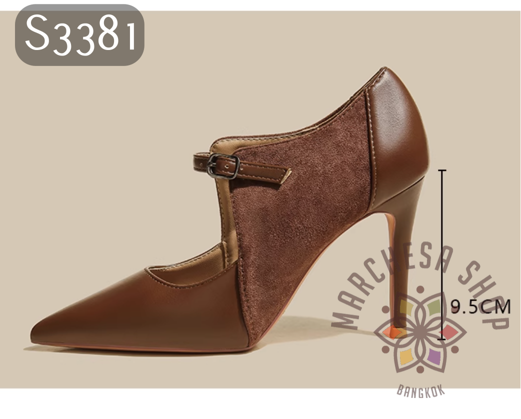 S3381 - 羊猄拼皮特色一字帶鏤空高踭鞋