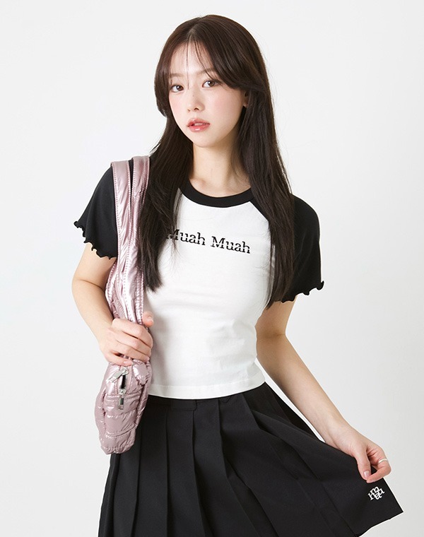 韓國muahmuah授權 青春俏皮拼色手袖荷葉邊短版上衣