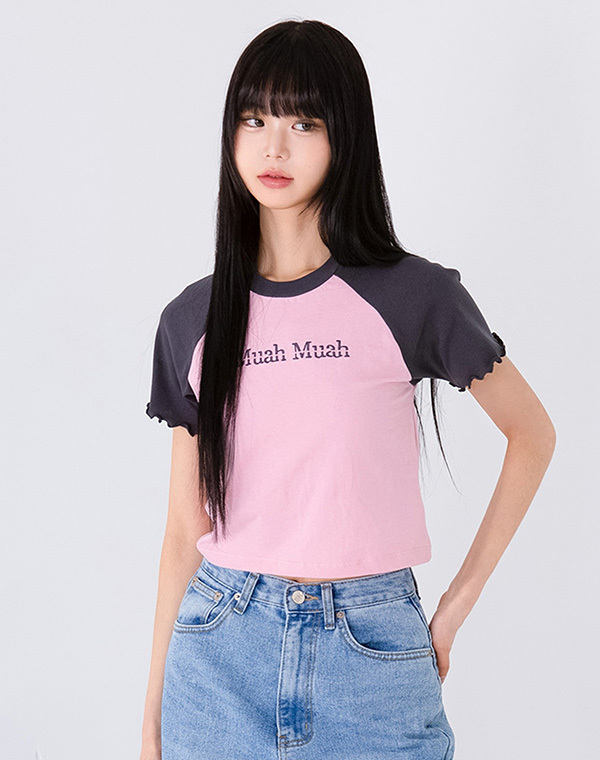 韓國muahmuah授權 青春俏皮拼色手袖荷葉邊短版上衣