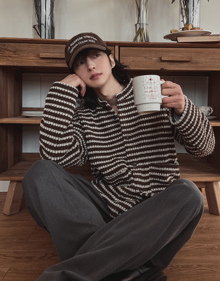 橫條紋短版針織開襟衫