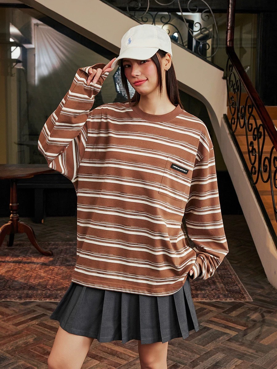 Harsh and Cruel 復古鬆弛 寬鬆條紋 長袖  T恤 HL251020110
