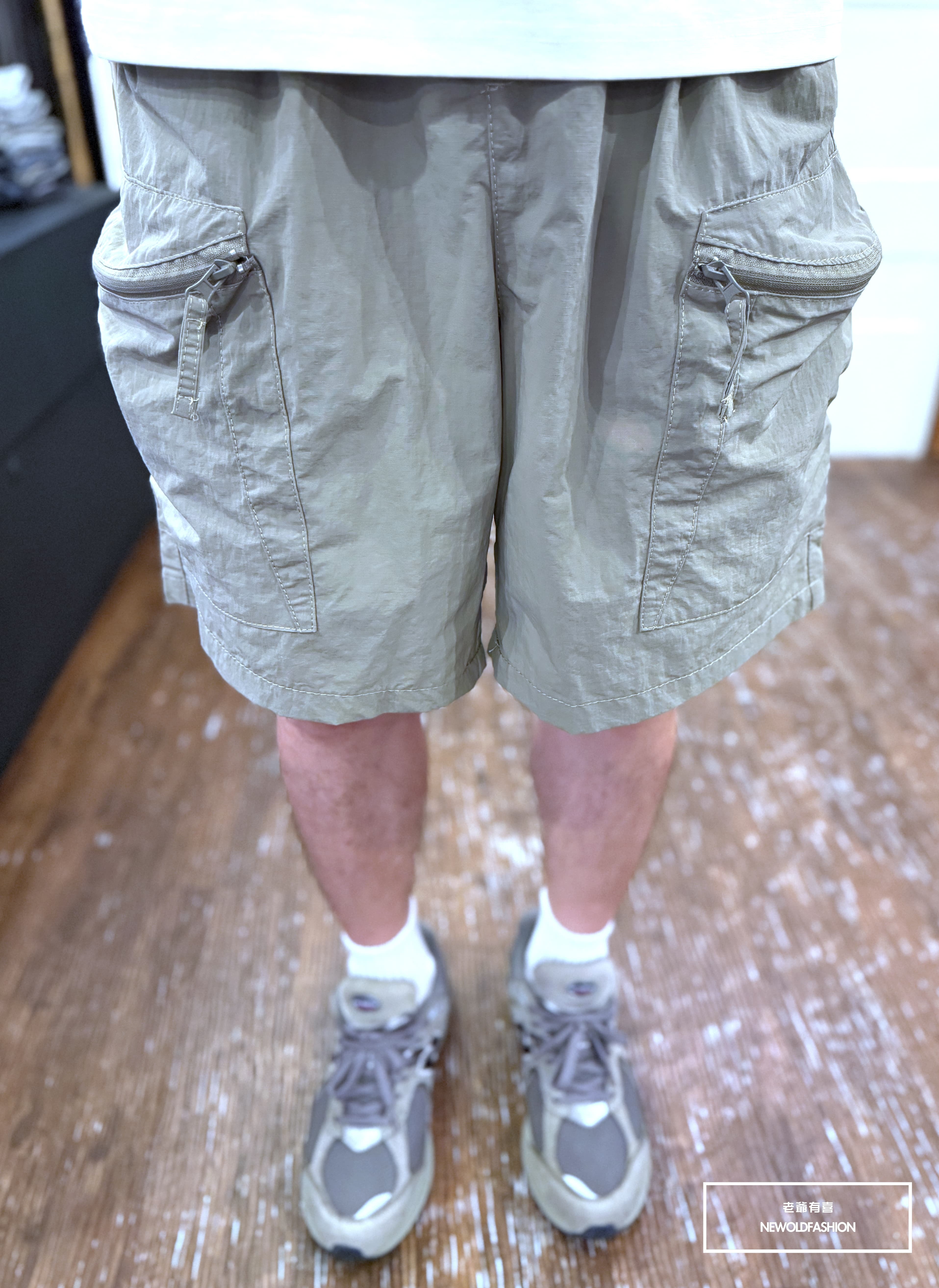 『新品上市』重磅弧形拉鍊口袋工裝短褲(NOF25029903)-灰卡其