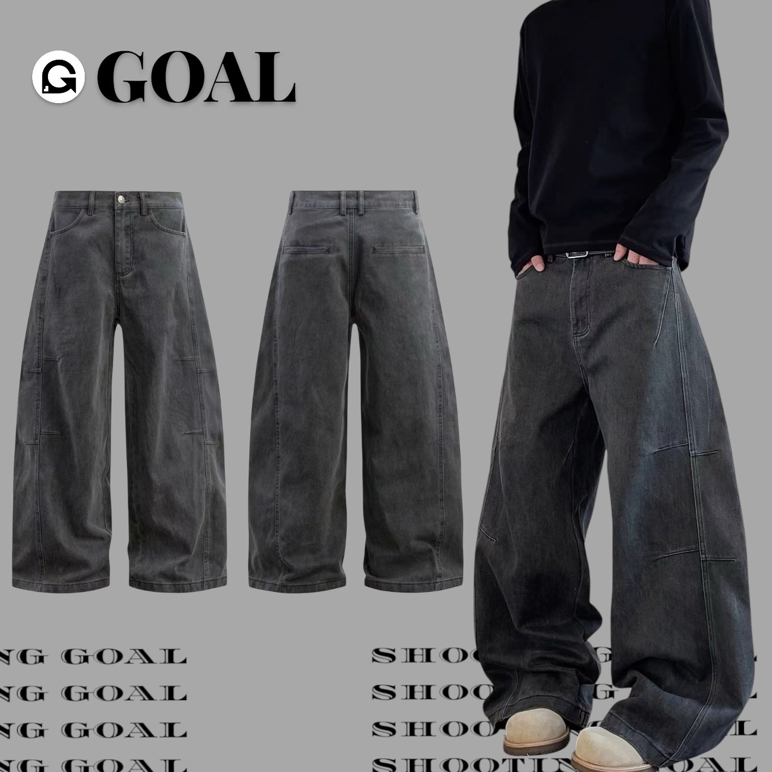 (GOAL) BANGOULUO 1050 美式復古水洗闊腿彎刀褲