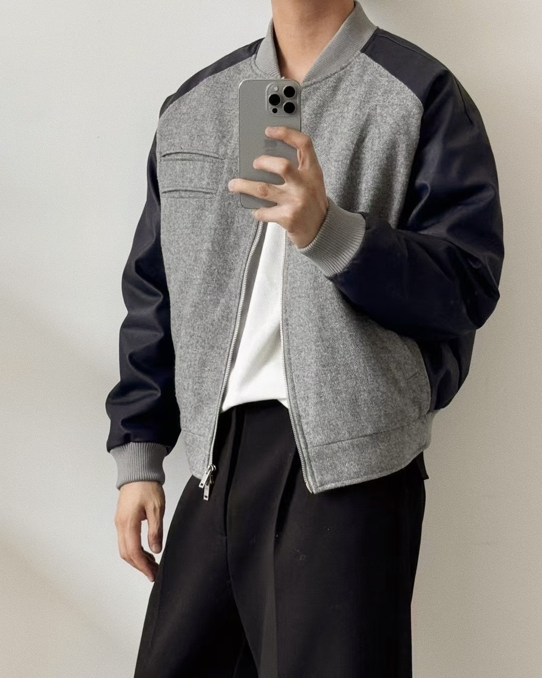 <現貨>IVORY Baseball Jacket 美式拼接 毛呢 皮革 輕量鴨絨 棒球外套 灰藍【Y5300】