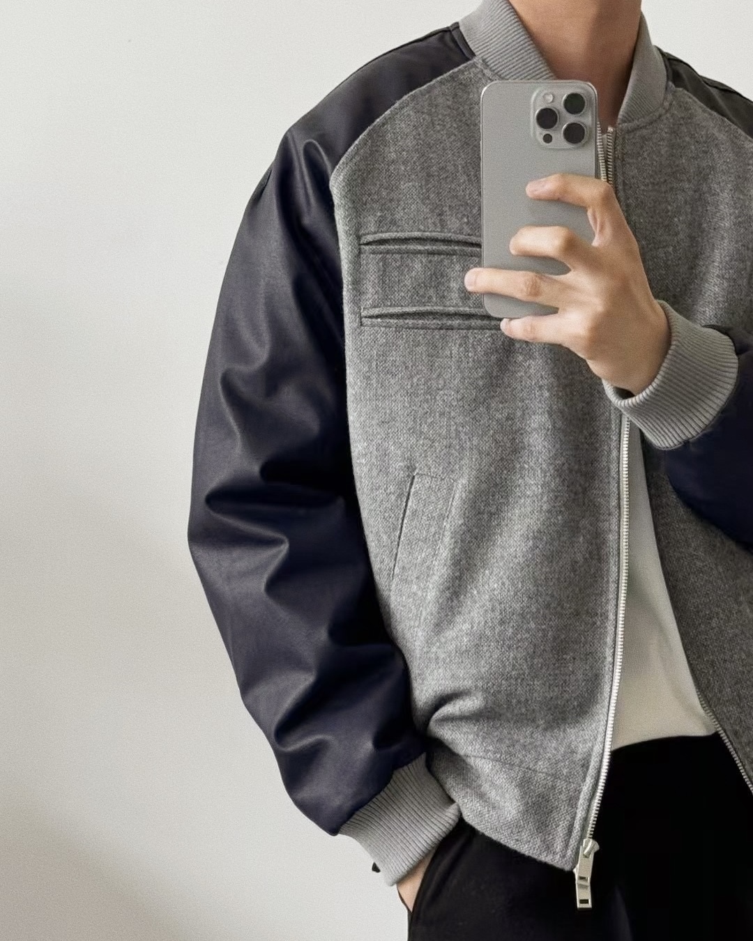 <現貨>IVORY Baseball Jacket 美式拼接 毛呢 皮革 輕量鴨絨 棒球外套 灰藍【Y5300】