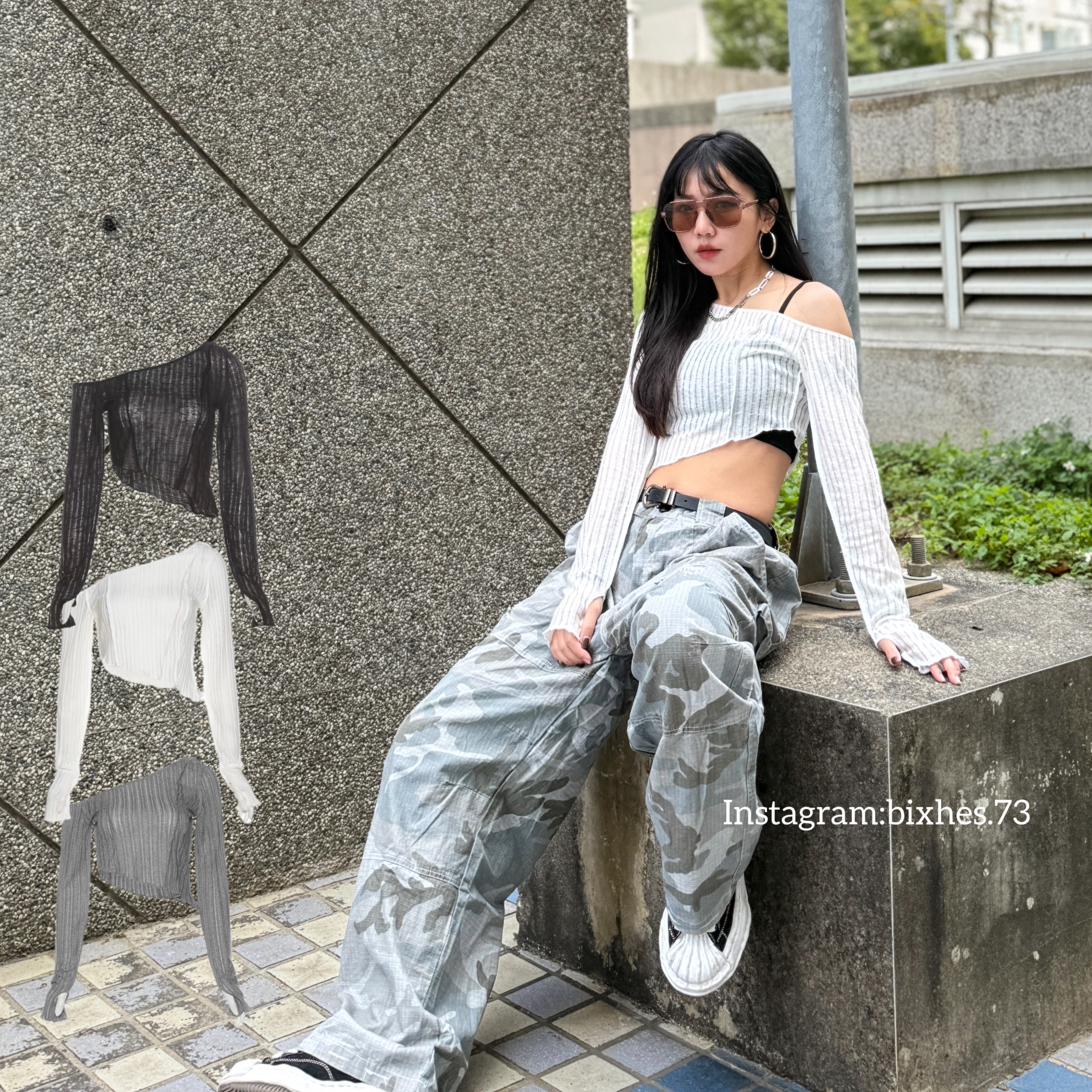 微透網紗斜肩上衣(B00125)